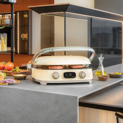Grătar multifuncțional SMEG 50's Style MGF01CREU, 2100 W, 60-230 °C, 3 programe, acoperire ceramică, tavă de scurgere, semnal sonor, cronometru, culoare crem