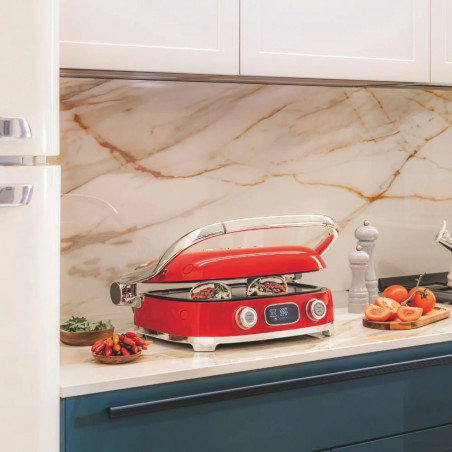 Grătar multifuncțional SMEG 50's Style MGF01RDEU, 2100 W, 60-230 °C, 3 programe, acoperire ceramică, tavă de scurgere, semnal sonor, cronometru, roșu