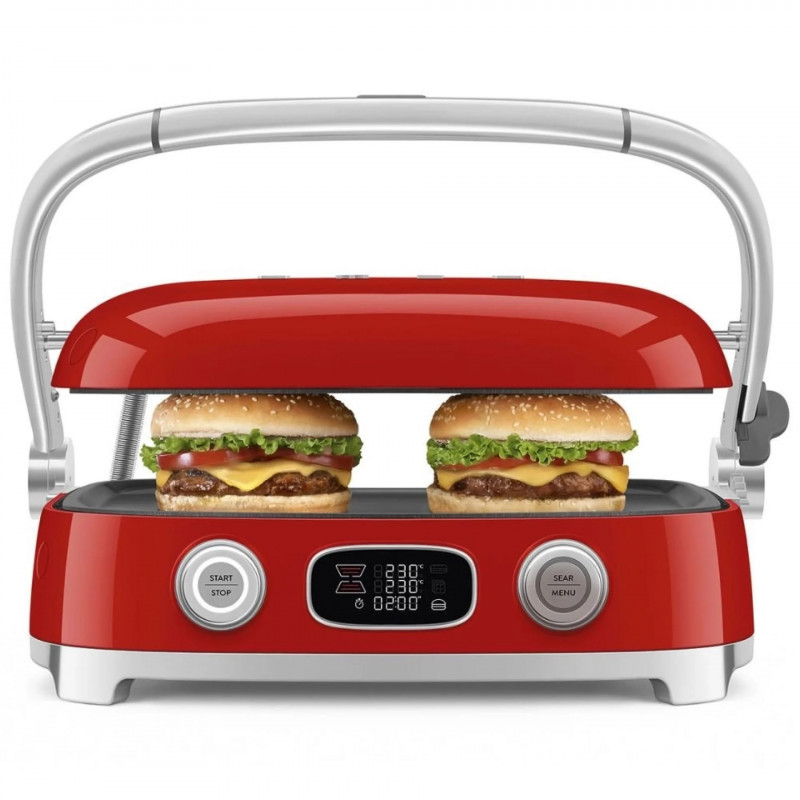 Grătar multifuncțional SMEG 50's Style MGF01RDEU, 2100 W, 60-230 °C, 3 programe, acoperire ceramică, tavă de scurgere, semnal sonor, cronometru, roșu
