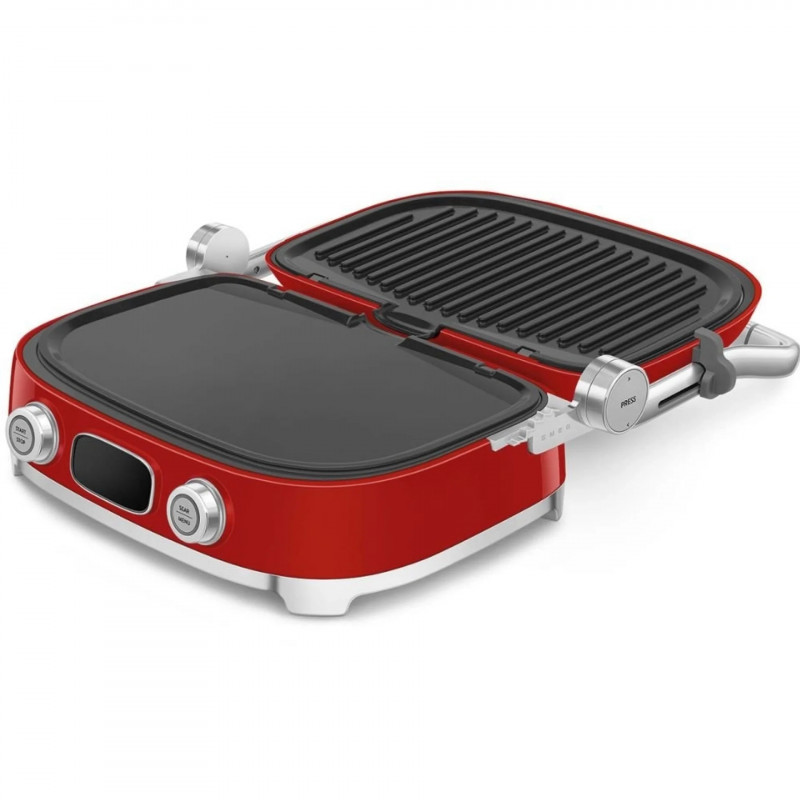 Grătar multifuncțional SMEG 50's Style MGF01RDEU, 2100 W, 60-230 °C, 3 programe, acoperire ceramică, tavă de scurgere, semnal sonor, cronometru, roșu