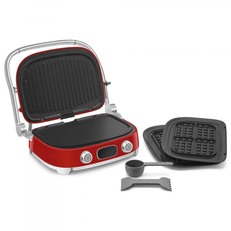 Grătar multifuncțional SMEG 50's Style MGF01RDEU, 2100 W, 60-230 °C, 3 programe, acoperire ceramică, tavă de scurgere, semnal sonor, cronometru, roșu
