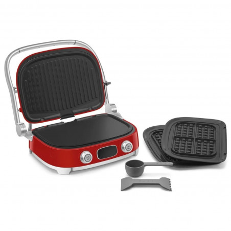 Grătar multifuncțional SMEG 50's Style MGF01RDEU, 2100 W, 60-230 °C, 3 programe, acoperire ceramică, tavă de scurgere, semnal sonor, cronometru, roșu
