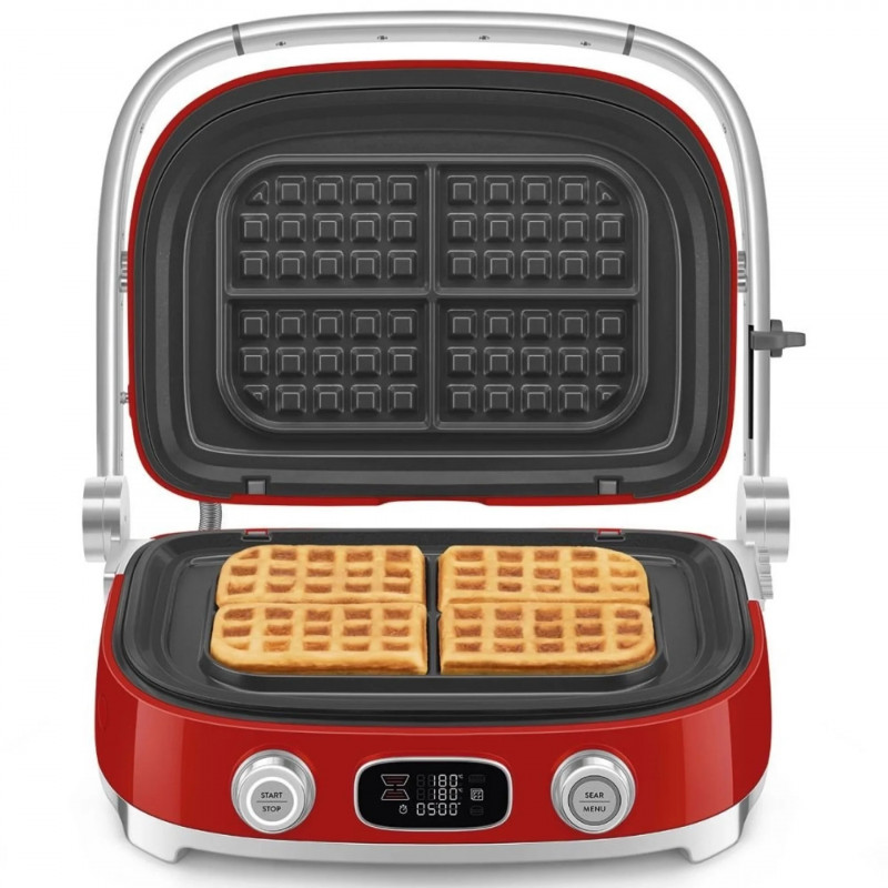 Grătar multifuncțional SMEG 50's Style MGF01RDEU, 2100 W, 60-230 °C, 3 programe, acoperire ceramică, tavă de scurgere, semnal sonor, cronometru, roșu