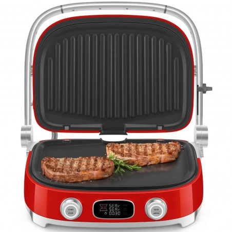 Grătar multifuncțional SMEG 50's Style MGF01RDEU, 2100 W, 60-230 °C, 3 programe, acoperire ceramică, tavă de scurgere, semnal sonor, cronometru, roșu