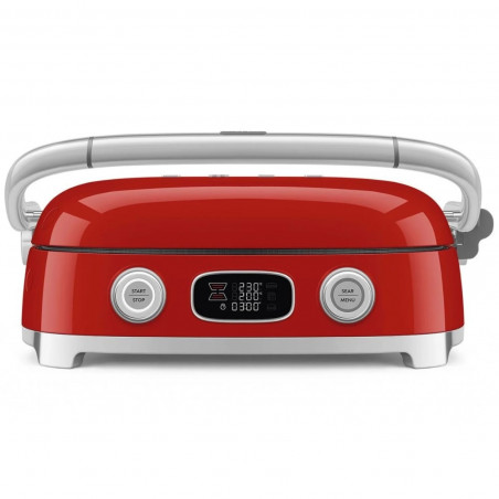 Grătar multifuncțional SMEG 50's Style MGF01RDEU, 2100 W, 60-230 °C, 3 programe, acoperire ceramică, tavă de scurgere, semnal sonor, cronometru, roșu
