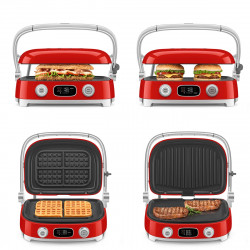 Grătar multifuncțional SMEG 50's Style MGF01RDEU, 2100 W, 60-230 °C, 3 programe, acoperire ceramică, tavă de scurgere, semnal sonor, cronometru, roșu
