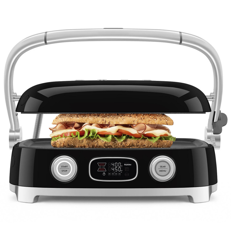 Grătar electric Smeg MGF01BLEU, 2000 W, 60–230 °C, afișaj LCD, 4 accesorii detașabile, cronometru de 60 minute, negru