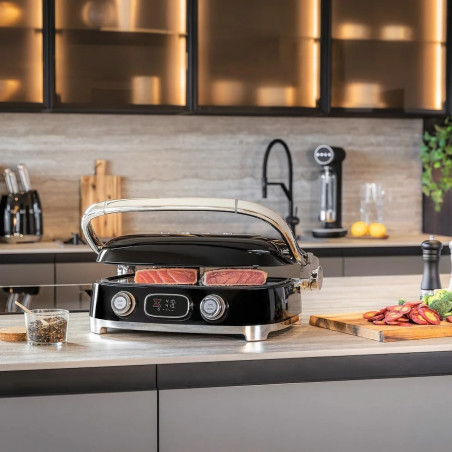Grătar electric Smeg MGF01BLEU, 2000 W, 60–230 °C, afișaj LCD, 4 accesorii detașabile, cronometru de 60 minute, negru