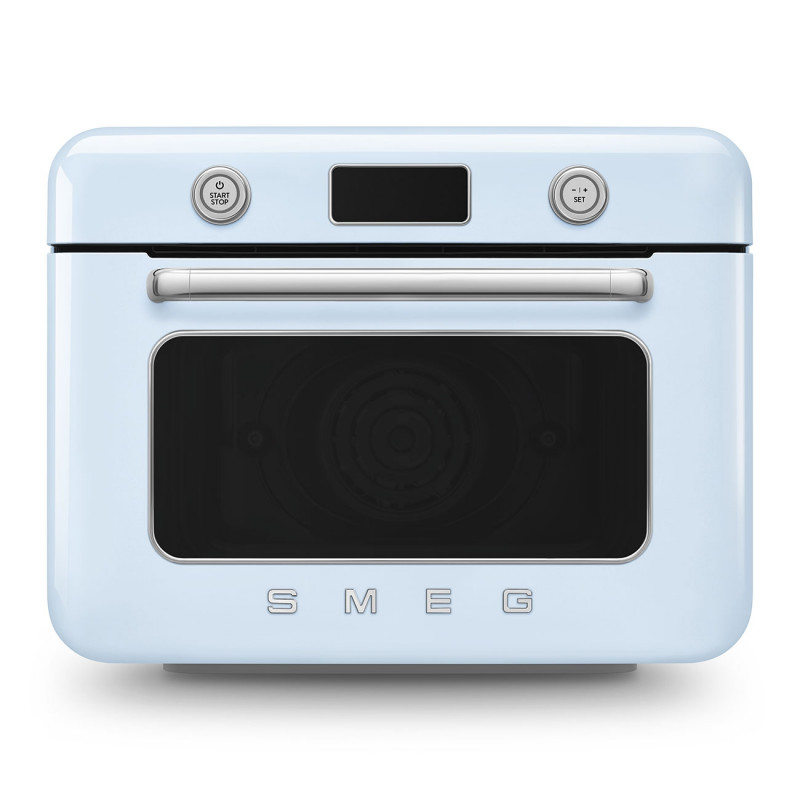 Mini-cuptor cu functie combinata pentru gatit cu abur Smeg COF01PBEU, 1800 W, 10 functii, Ecran LCD, 40-230°C, Albastru pastel