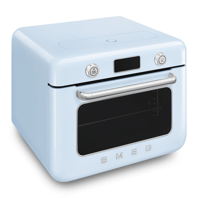 Mini-cuptor cu functie combinata pentru gatit cu abur Smeg COF01PBEU, 1800 W, 10 functii, Ecran LCD, 40-230°C, Albastru pastel