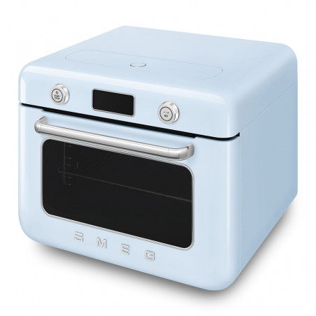 Mini-cuptor cu functie combinata pentru gatit cu abur Smeg COF01PBEU, 1800 W, 10 functii, Ecran LCD, 40-230°C, Albastru pastel