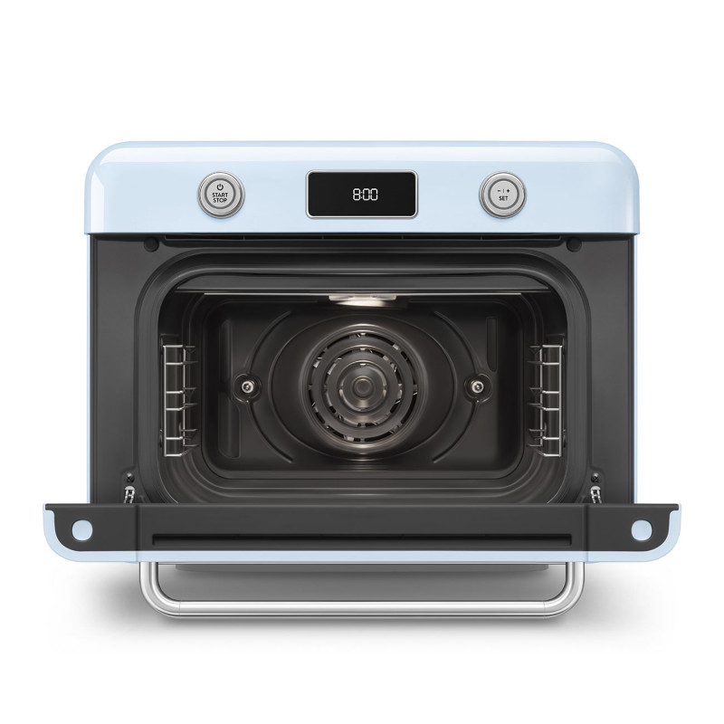 Mini-cuptor cu functie combinata pentru gatit cu abur Smeg COF01PBEU, 1800 W, 10 functii, Ecran LCD, 40-230°C, Albastru pastel