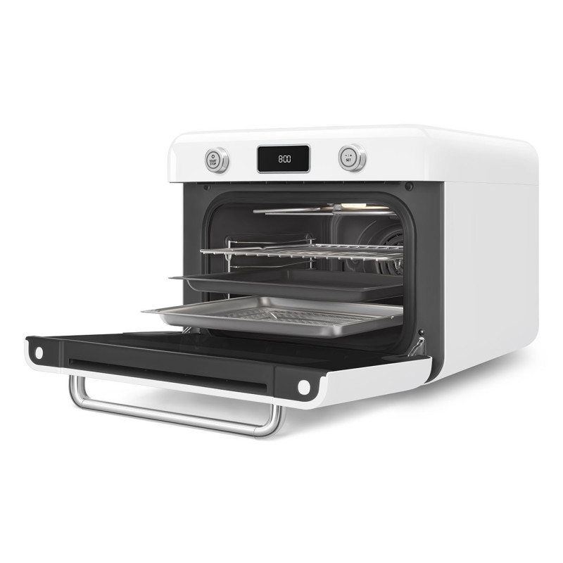 Mini-cuptor cu functie combinata de gatit cu abur Smeg COF01WHEU, 1800 W, 10 functii, Ecran LCD, 40-230°C, Alb