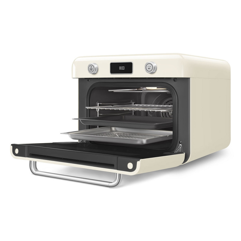 Mini-cuptor cu functie combinata de gatit cu abur Smeg COF01CREU, 1800 W, 10 functii, Ecran LCD, 40-230°C, Crem