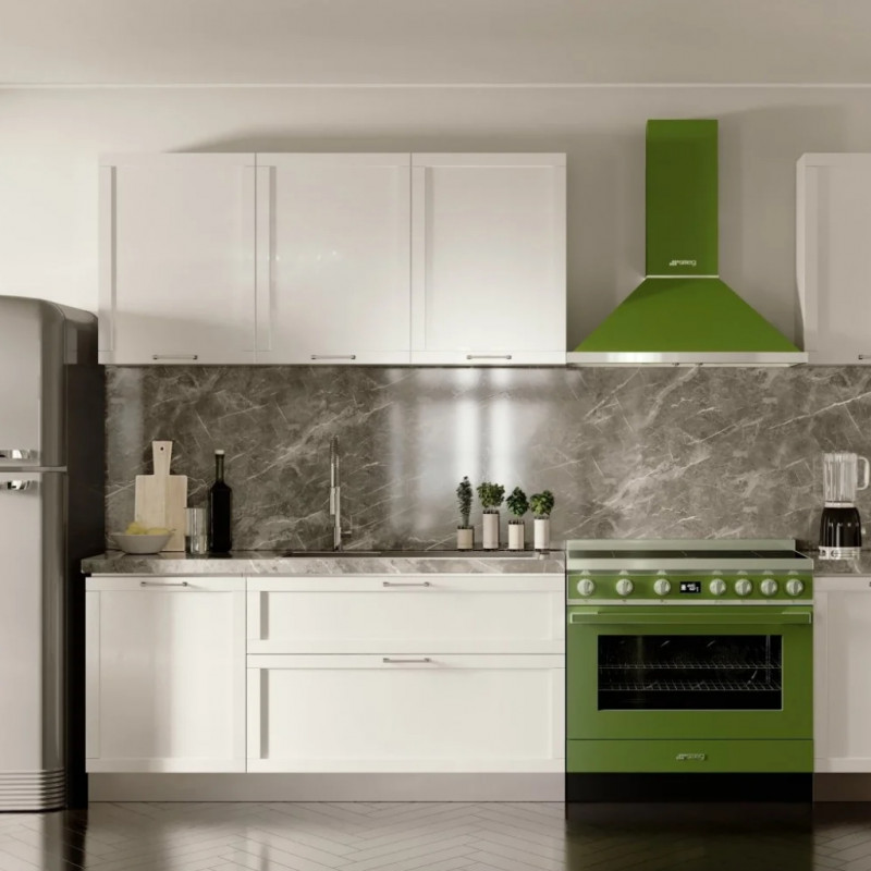 Hota decorativa SMEG Portofino KPF9OG, 275 W, A+, 781 m³/h, 3 viteze, 3 filtre, Supapa, Otel inoxidabil, LED, Verde