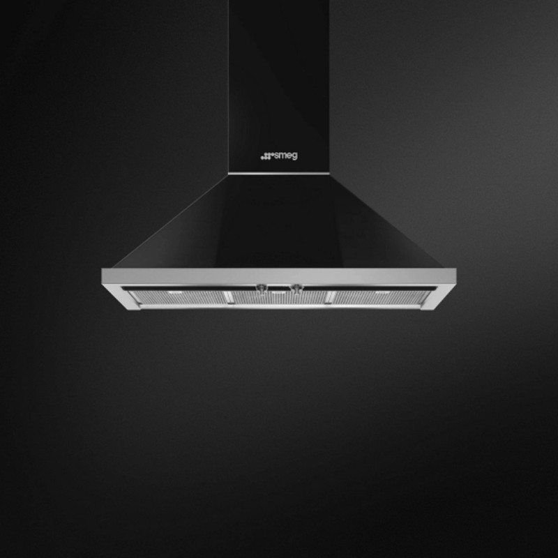 Hota decorativa SMEG Portofino KPF9BL, 275 W, A+, 781 m³/h, 3 viteze, 3 filtre, Supapa , Otel inoxidabil, LED, Negru