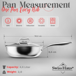 Tigaie wok cu capac Swiss Haus SH-ZGW28, 28 x 9 cm, 4 l, Acoperire ceramica Sapphire, Cuptor pana la 260°C, Inductie, Argintiu