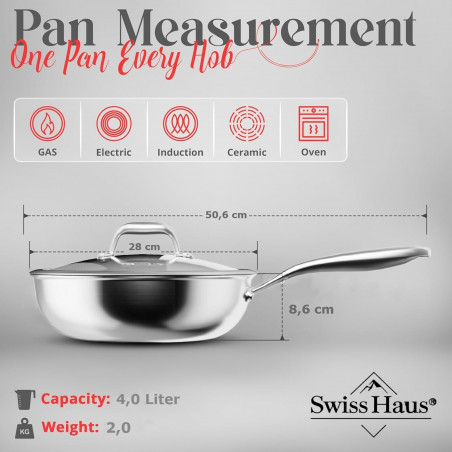 Tigaie wok cu capac Swiss Haus SH-ZGW28, 28 x 9 cm, 4 l, Acoperire ceramica Sapphire, Cuptor pana la 260°C, Inductie, Argintiu