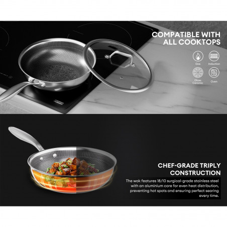 Tigaie wok cu capac Swiss Haus SH-ZGW28, 28 x 9 cm, 4 l, Acoperire ceramica Sapphire, Cuptor pana la 260°C, Inductie, Argintiu