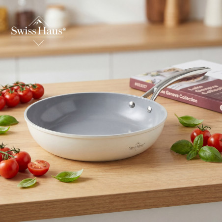 Set de oale si tigai Swiss Haus SH-CC4014CR, 14 piese, Acoperire ceramica Sapphire, Inductie, Cuptor pana la 220°C, Fara PFAS, Crem
