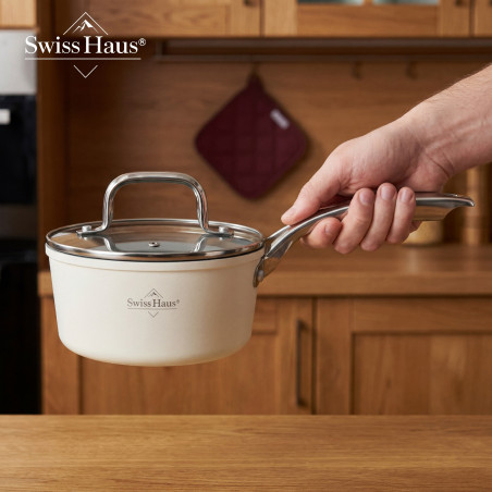 Set de oale si tigai Swiss Haus SH-CC4014CR, 14 piese, Acoperire ceramica Sapphire, Inductie, Cuptor pana la 220°C, Fara PFAS, Crem