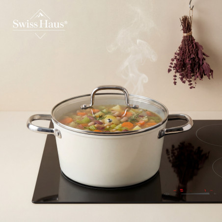 Set de oale si tigai Swiss Haus SH-CC4014CR, 14 piese, Acoperire ceramica Sapphire, Inductie, Cuptor pana la 220°C, Fara PFAS, Crem