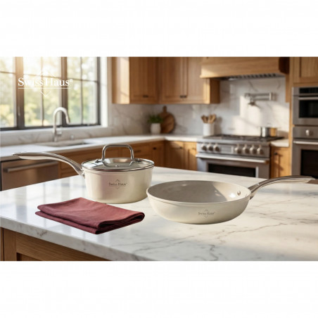 Set de oale si tigai Swiss Haus SH-CC4014CR, 14 piese, Acoperire ceramica Sapphire, Inductie, Cuptor pana la 220°C, Fara PFAS, Crem