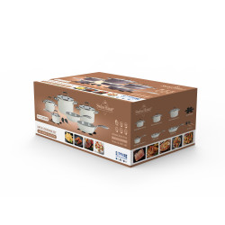 Set de oale si tigai Swiss Haus SH-CC4014CR, 14 piese, Acoperire ceramica Sapphire, Inductie, Cuptor pana la 220°C, Fara PFAS, Crem