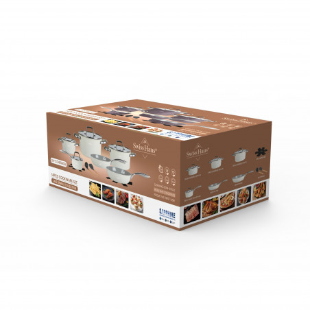 Set de oale si tigai Swiss Haus SH-CC4014CR, 14 piese, Acoperire ceramica Sapphire, Inductie, Cuptor pana la 220°C, Fara PFAS, Crem