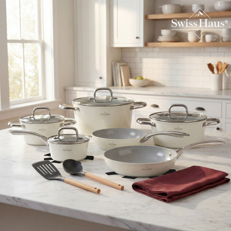 Set de oale si tigai Swiss Haus SH-CC4014CR, 14 piese, Acoperire ceramica Sapphire, Inductie, Cuptor pana la 220°C, Fara PFAS, Crem