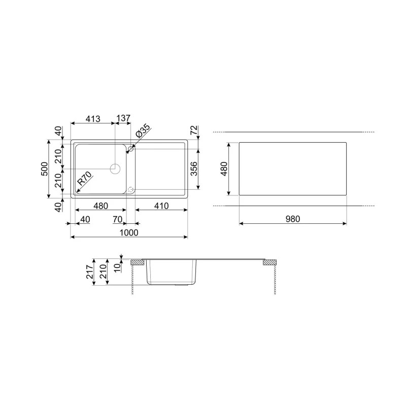 Chiuvetă de bucătărie Smeg LZ150A2, 100 cm, material rezistent la zgârieturi, ușor de curățat, negru