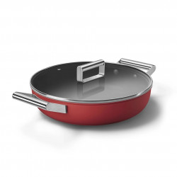 Oală joasă cu capac Smeg CKFD2811RDM, 28 cm, 3,7 l, acoperire antiaderentă cu 3 straturi, rezistentă la cuptor până la 250 °C, fără PFAS, compatibilă cu plitele cu inducție, roșie