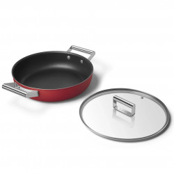 Oală joasă cu capac Smeg CKFD2811RDM, 28 cm, 3,7 l, acoperire antiaderentă cu 3 straturi, rezistentă la cuptor până la 250 °C, fără PFAS, compatibilă cu plitele cu inducție, roșie