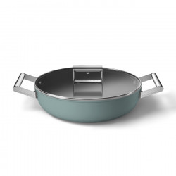 Oală puțin adâncă cu capac Smeg DPF2812EGM, 28 cm, 4,3 l, acoperire ceramică antiaderentă, potrivită pentru cuptor până la 250 °C, fără PFAS, compatibilă cu plitele cu inducție, verde smarald
