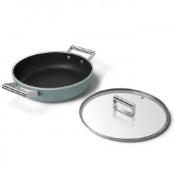 Oală puțin adâncă cu capac Smeg DPF2812EGM, 28 cm, 4,3 l, acoperire ceramică antiaderentă, potrivită pentru cuptor până la 250 °C, fără PFAS, compatibilă cu plitele cu inducție, verde smarald