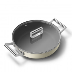 Oală joasă cu capac Smeg DPF2812CRM, 28 cm, 4,3 l, acoperire ceramică antiaderentă, potrivită pentru cuptor până la 250 °C, fără PFAS, compatibilă cu plitele cu inducție, culoare crem