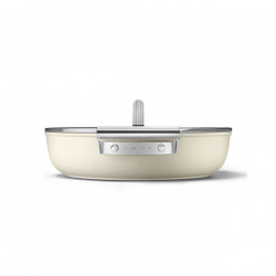 Oală joasă cu capac Smeg DPF2812CRM, 28 cm, 4,3 l, acoperire ceramică antiaderentă, potrivită pentru cuptor până la 250 °C, fără PFAS, compatibilă cu plitele cu inducție, culoare crem