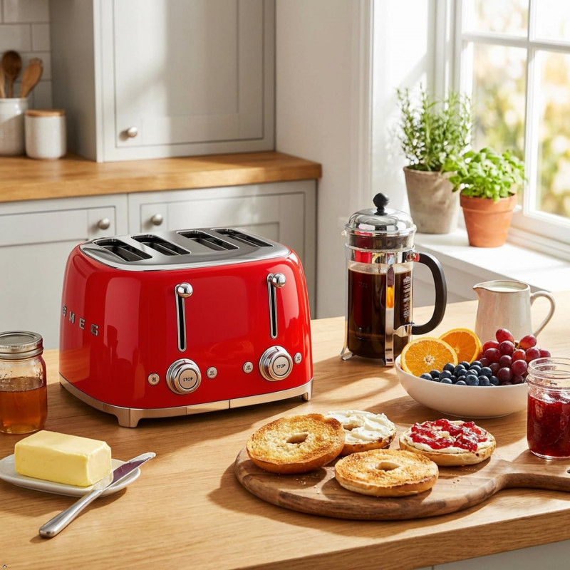 Prăjitor de pâine SMEG 50's Style TSF03RDEU, 2000 W, 4 felii, 6 niveluri, Tava pentru firimituri, Cablu integrat, Oțel inoxidabil, Roșu