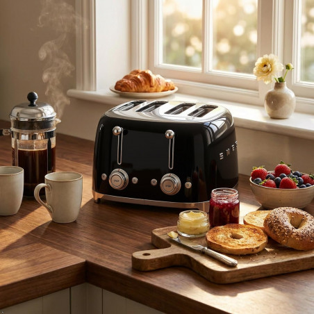 Prăjitor de pâine SMEG 50's Style TSF03BLEU, 2000 W, 4 felii, 6 niveluri, Tava pentru firimituri, Cablu integrat, Oțel inoxidabil, Negru