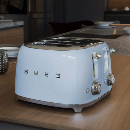 Prăjitor de pâine SMEG 50's Style TSF03PBEU, 2000 W, 4 felii, 6 niveluri, Tava pentru firimituri, Cablu integrat, Oțel inoxidabil, Albastru