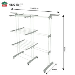Uscător de rufe Kinghoff KH 2044, 30 m, până la 30 kg, 3 niveluri, roți, oțel, alb/gri