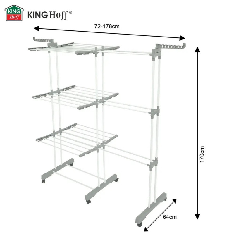 Uscător de rufe Kinghoff KH 2044, 30 m, până la 30 kg, 3 niveluri, roți, oțel, alb/gri