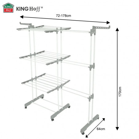 Uscător de rufe Kinghoff KH 2044, 30 m, până la 30 kg, 3 niveluri, roți, oțel, alb/gri
