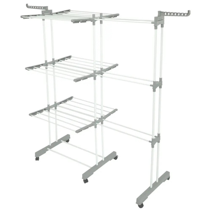 Uscător de rufe Kinghoff KH 2044, 30 m, până la 30 kg, 3 niveluri, roți, oțel, alb/gri
