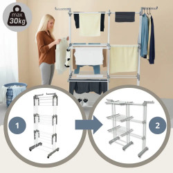 Uscător de rufe Kinghoff KH 2044, 30 m, până la 30 kg, 3 niveluri, roți, oțel, alb/gri