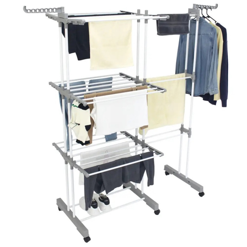 Uscător de rufe Kinghoff KH 2044, 30 m, până la 30 kg, 3 niveluri, roți, oțel, alb/gri