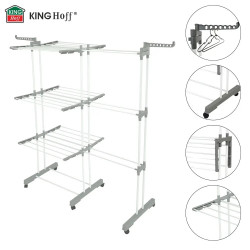 Uscător de rufe Kinghoff KH 2044, 30 m, până la 30 kg, 3 niveluri, roți, oțel, alb/gri