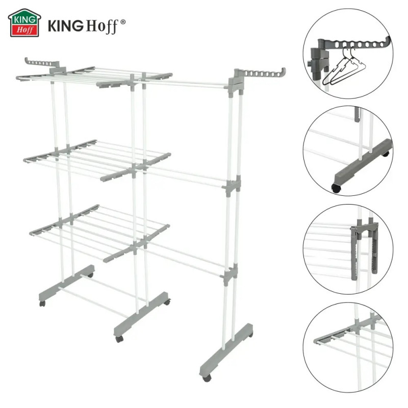 Uscător de rufe Kinghoff KH 2044, 30 m, până la 30 kg, 3 niveluri, roți, oțel, alb/gri