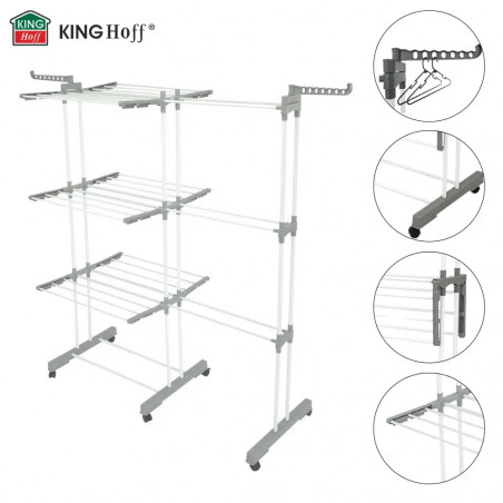 Uscător de rufe Kinghoff KH 2044, 30 m, până la 30 kg, 3 niveluri, roți, oțel, alb/gri