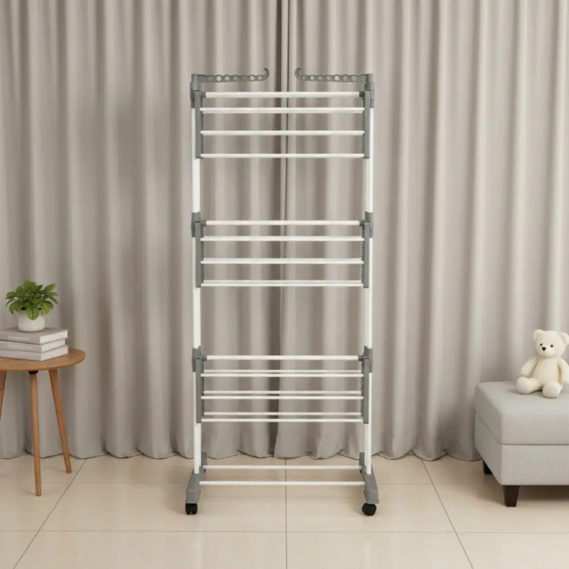 Uscător de rufe Kinghoff KH 2044, 30 m, până la 30 kg, 3 niveluri, roți, oțel, alb/gri